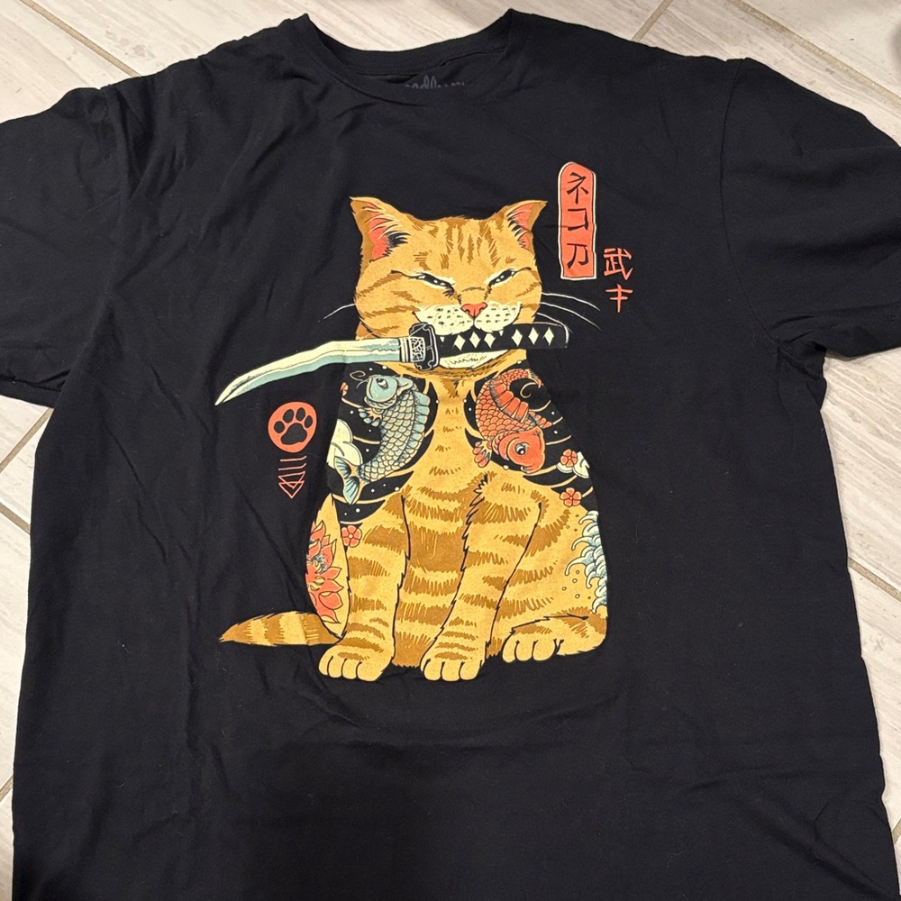 Threadless Black Cat Katana Sword Graphic T-Shirt